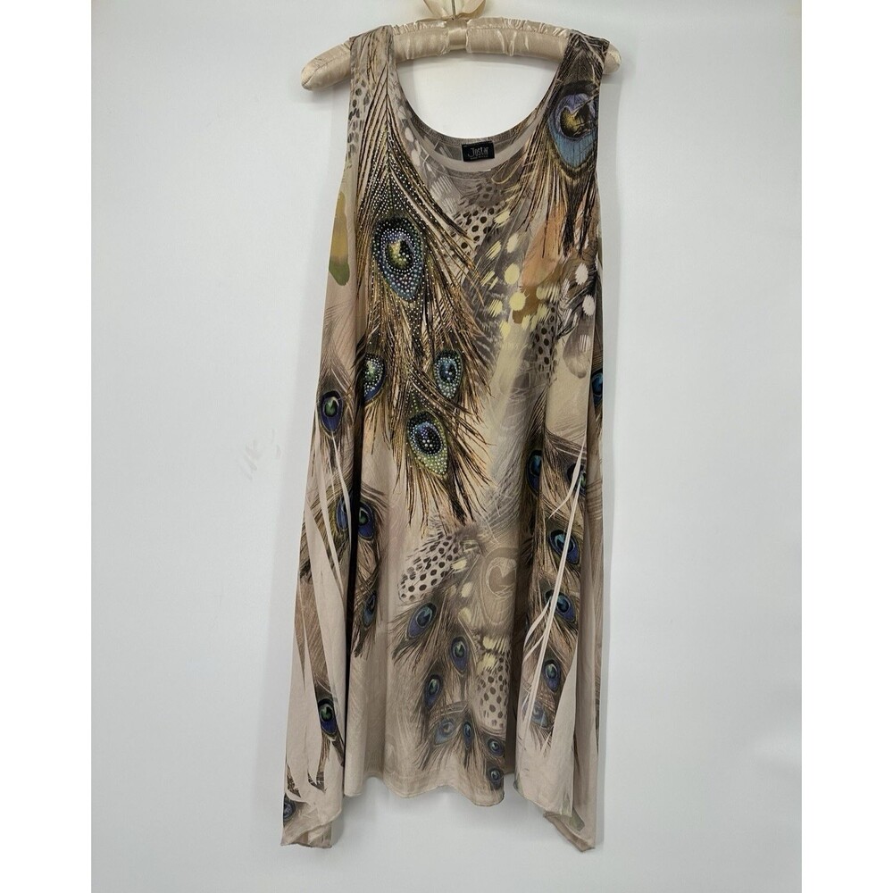 Jostar Sz‎ L Tan Multicolor Rhinestone Studded Peacock Polyester Spandex Dress